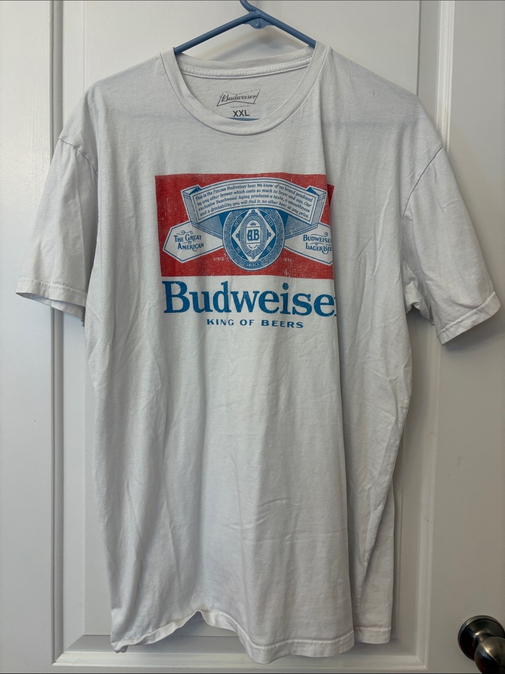 Budweiser White Short Sleeve Tee with Red and Blue Logo